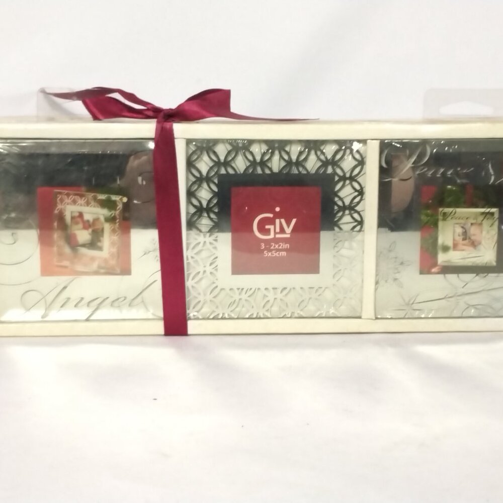 2 Sets, 3 Each Square Glass Ornamental Christmas Sayings & Base Tabletop Display